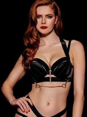 Honey Birdette Kukuro Black Strappy Harness Bra with Rose Gold Hardware